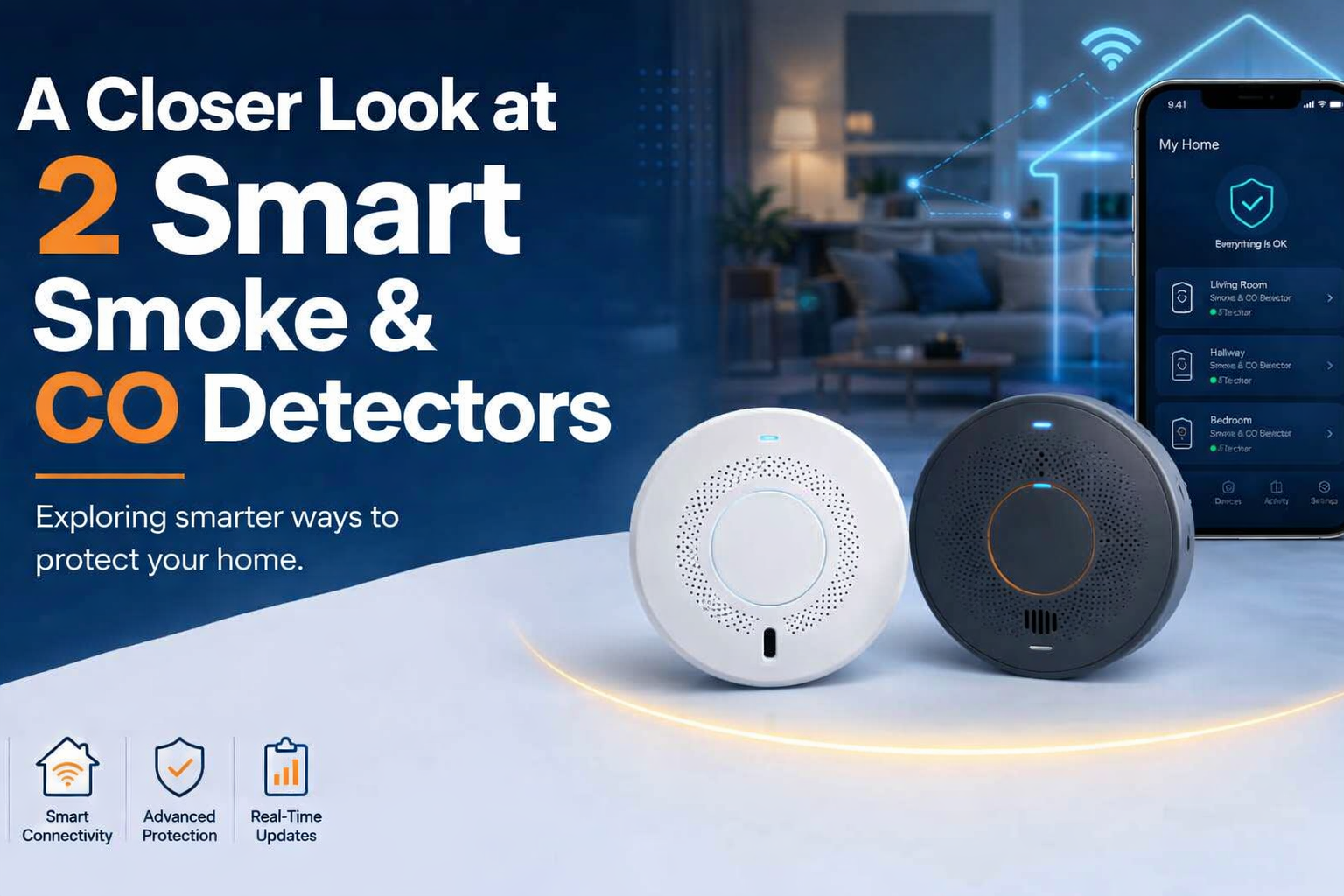 Six smart smoke and carbon monoxide detectors displayed with a mobile home-safety app