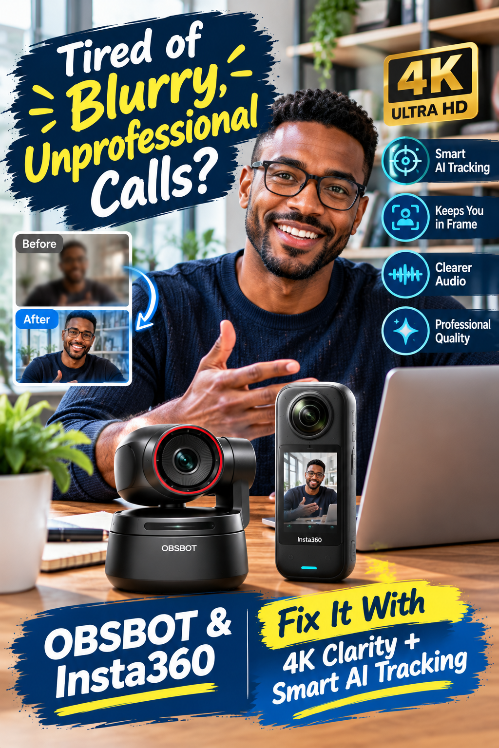 Tired of Blurry, Unprofessional Calls? OBSBOT & Insta360: Fix It With 4K Clarity + Smart AI Tracking