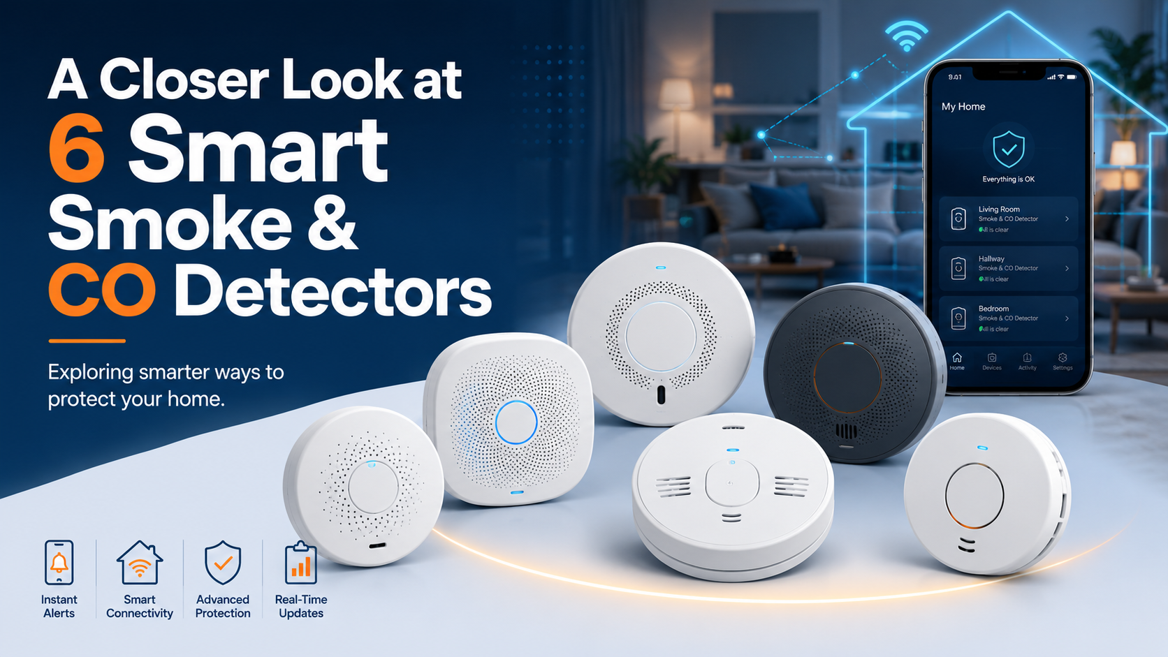 Six smart smoke and carbon monoxide detectors displayed with a mobile home-safety app